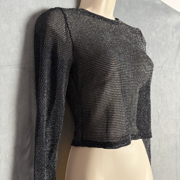 Just Polly Black Glitter Mesh Crop Top Whimsygoth Party Preppy Women's SizeM - Picture 3 of 14
